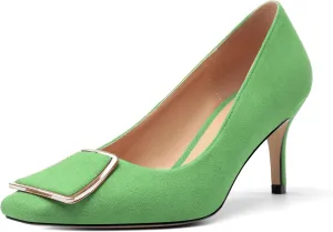 Womens Elegant Pumps, Pointed Toe Heels for Women, Kitten Heel Wedding Shoes, Slip on, Square Buckle, Solid Color, Sexy Stilettos for Ladies 2.5in