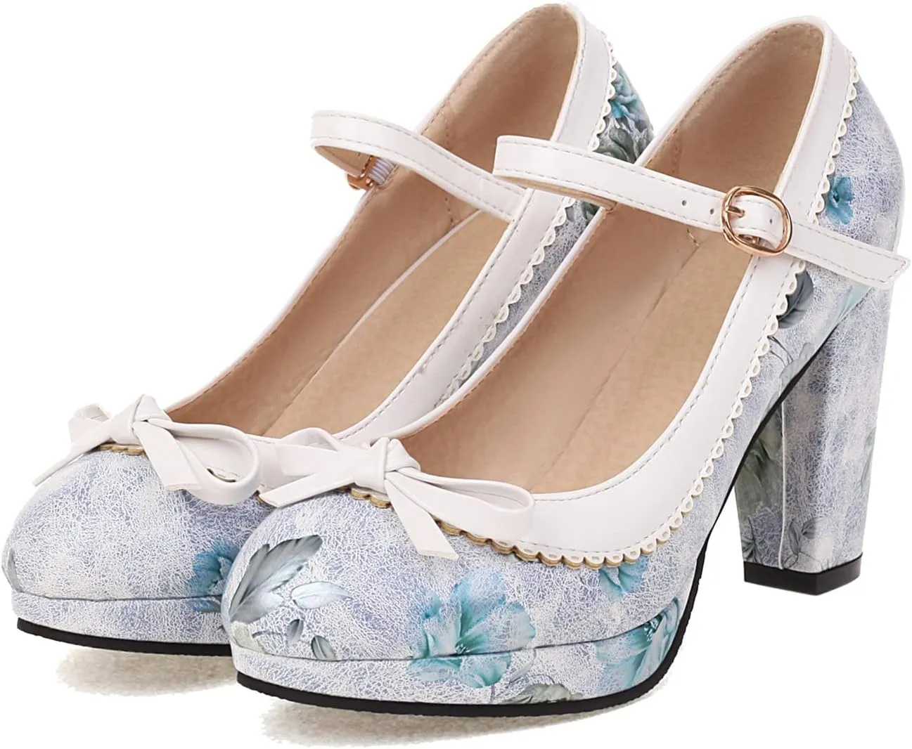 Women's Fashion Chunky High Heel Mary Jane Shoes Printed Flower Round Toe Ankle Strap Platform Pumps