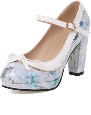 Women's Fashion Chunky High Heel Mary Jane Shoes Printed Flower Round Toe Ankle Strap Platform Pumps