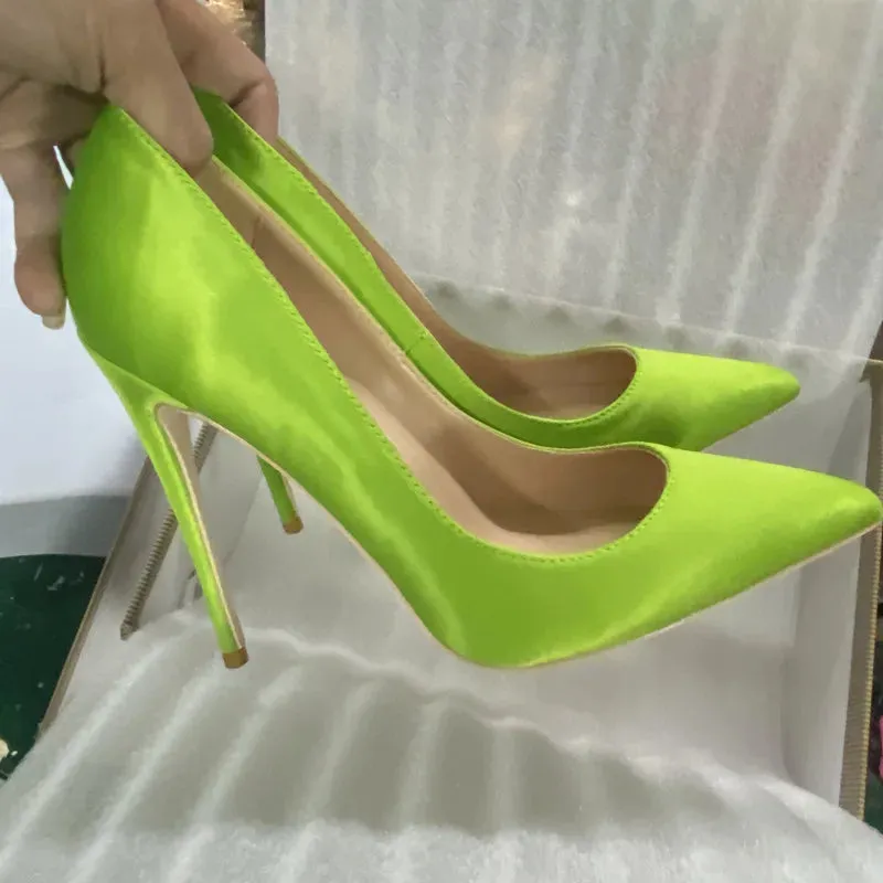 Women's high heels comfortable  elegant Light green satin pointed shoes