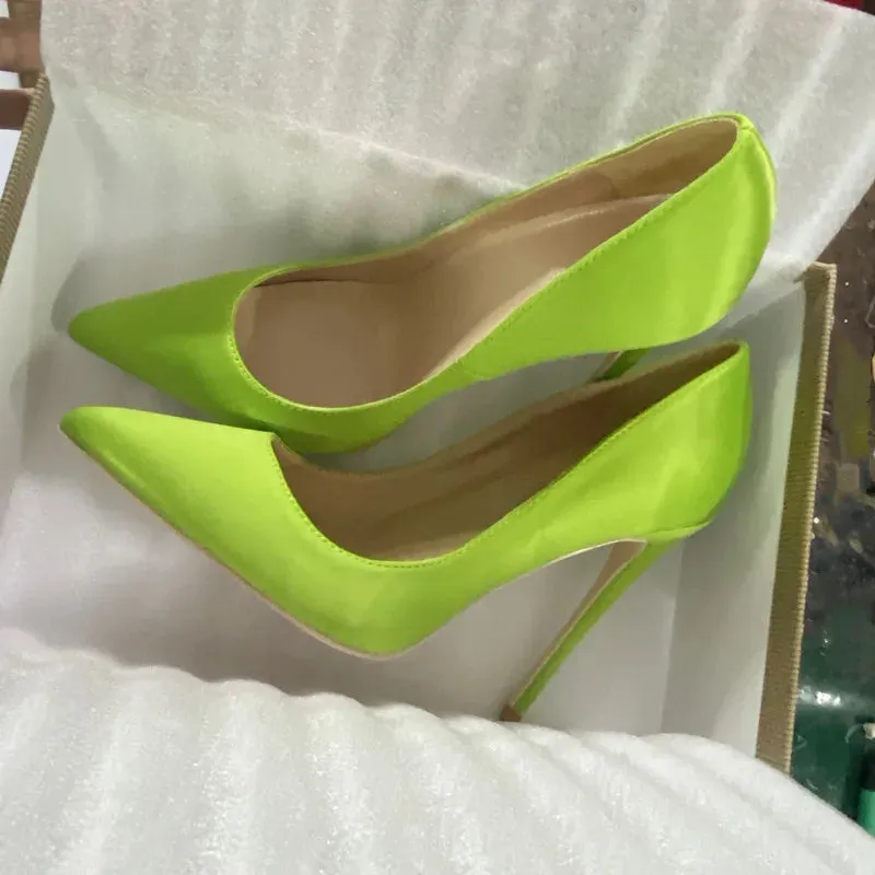 Women's high heels comfortable  elegant Light green satin pointed shoes