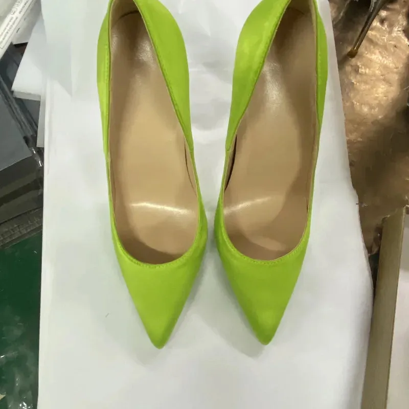 Women's high heels comfortable  elegant Light green satin pointed shoes