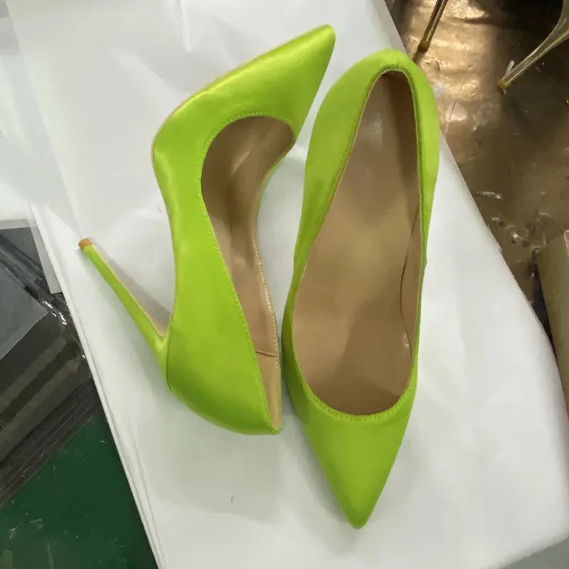 Women's high heels comfortable  elegant Light green satin pointed shoes