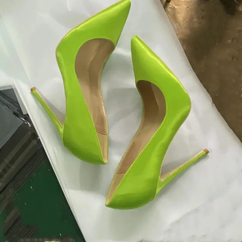 Women's high heels comfortable  elegant Light green satin pointed shoes