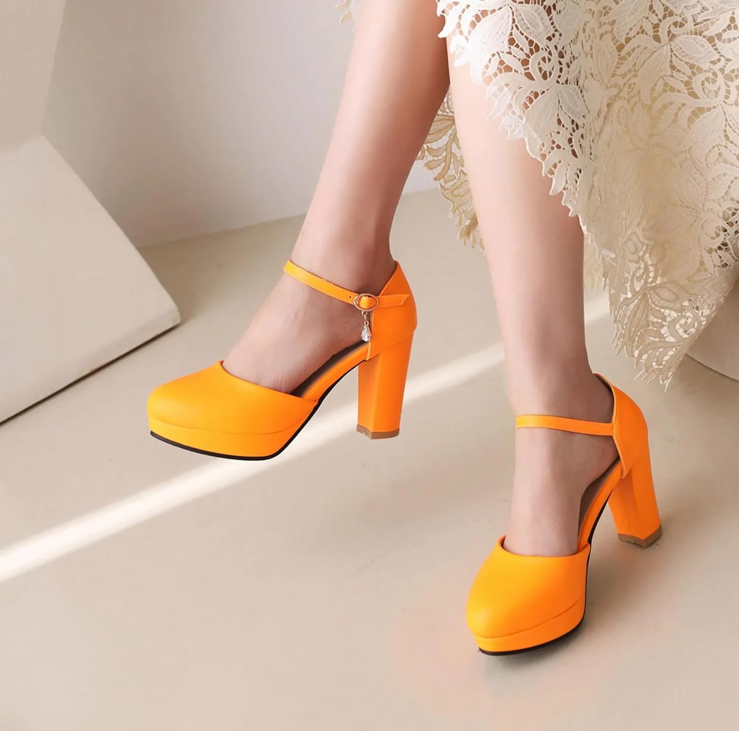 Women's JS246 Buckle Adjustable Strap Chunky Pu High Chunky D-Orsay Pumps