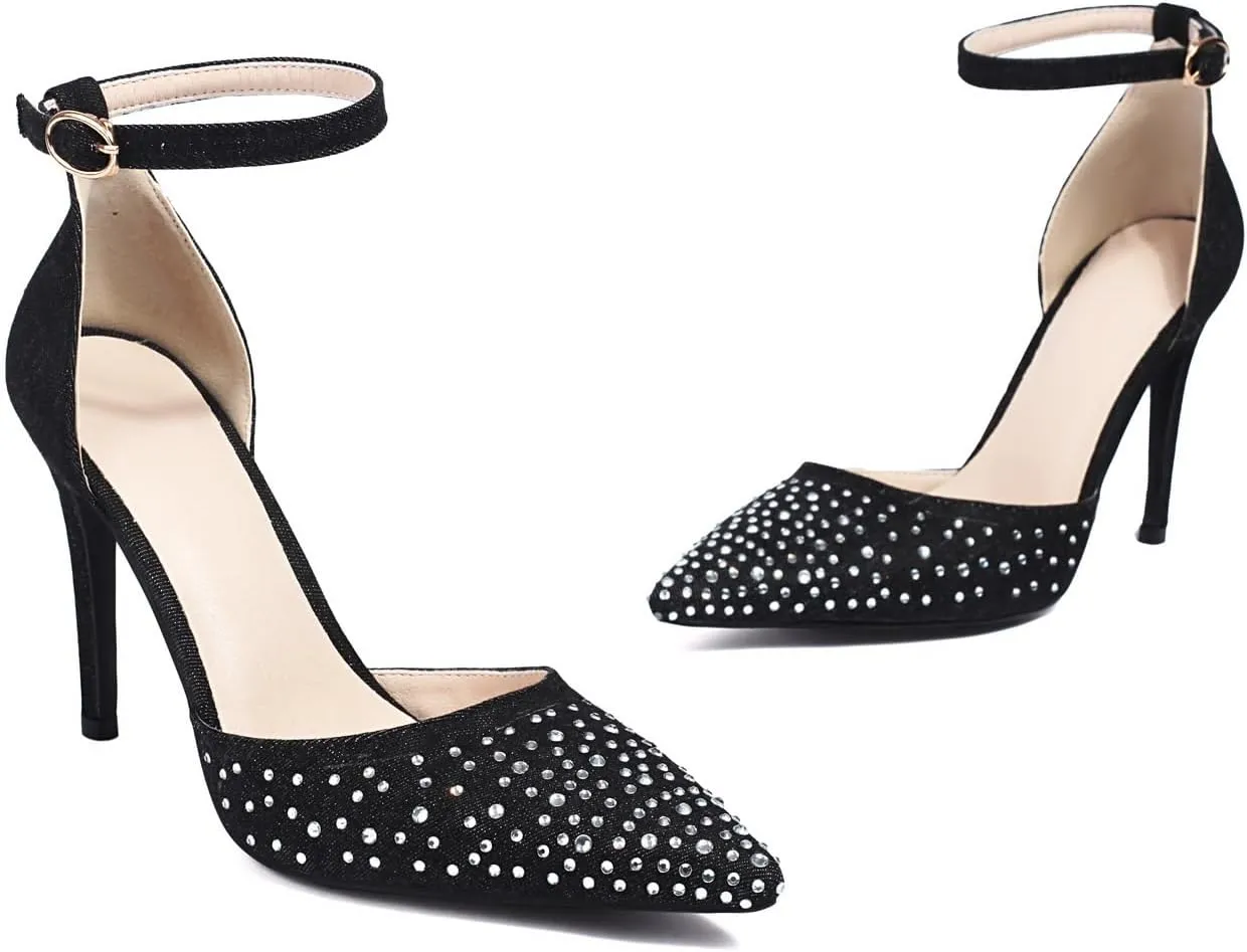 Women's JS274 Manmade Rhinestone Stiletto Nubuck Low Stiletto D-Orsay Pumps