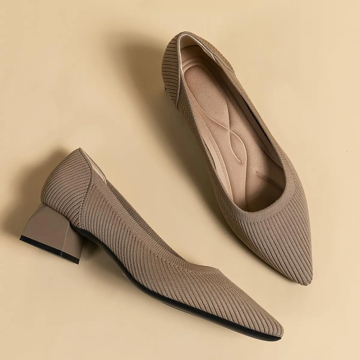 Women's Knit Pumps Block Heel Slip On Sweater Pointed Toe Low Heel Knitted Pumps