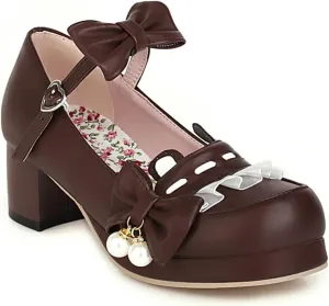 Women's Lolita Mary Jane Heels with Bow, Kawaii Chunky Block Ankle Strap Cosplay Shoes, Cute Dress Platform Mary Jane Pumps