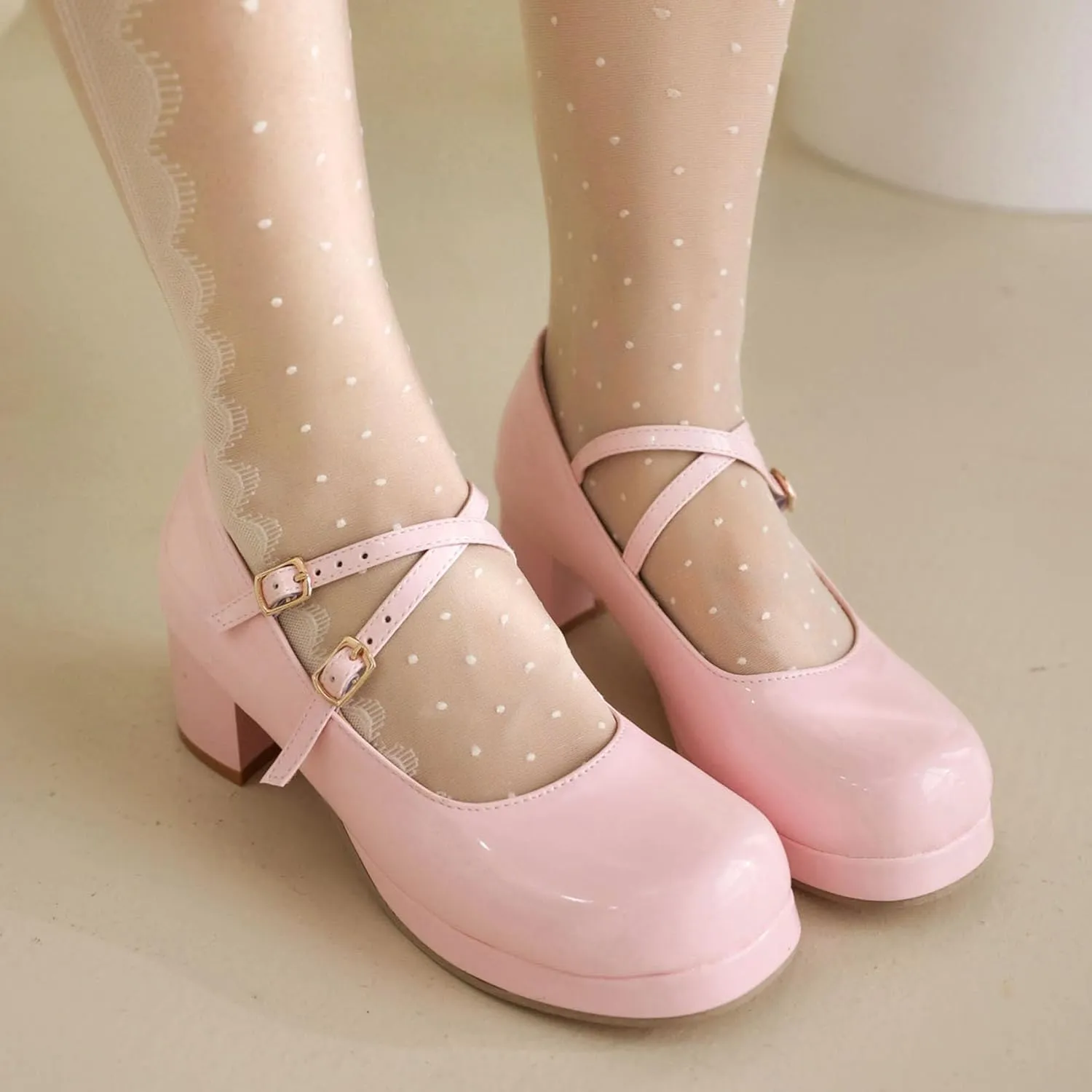 Womens Lolita Shoes Patent Leather Mary Jane Platform Chunky Heeled Pumps Cross-Strap Cosplay Shoes