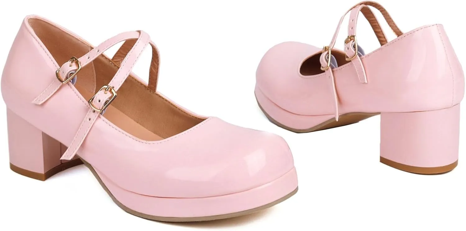 Womens Lolita Shoes Patent Leather Mary Jane Platform Chunky Heeled Pumps Cross-Strap Cosplay Shoes