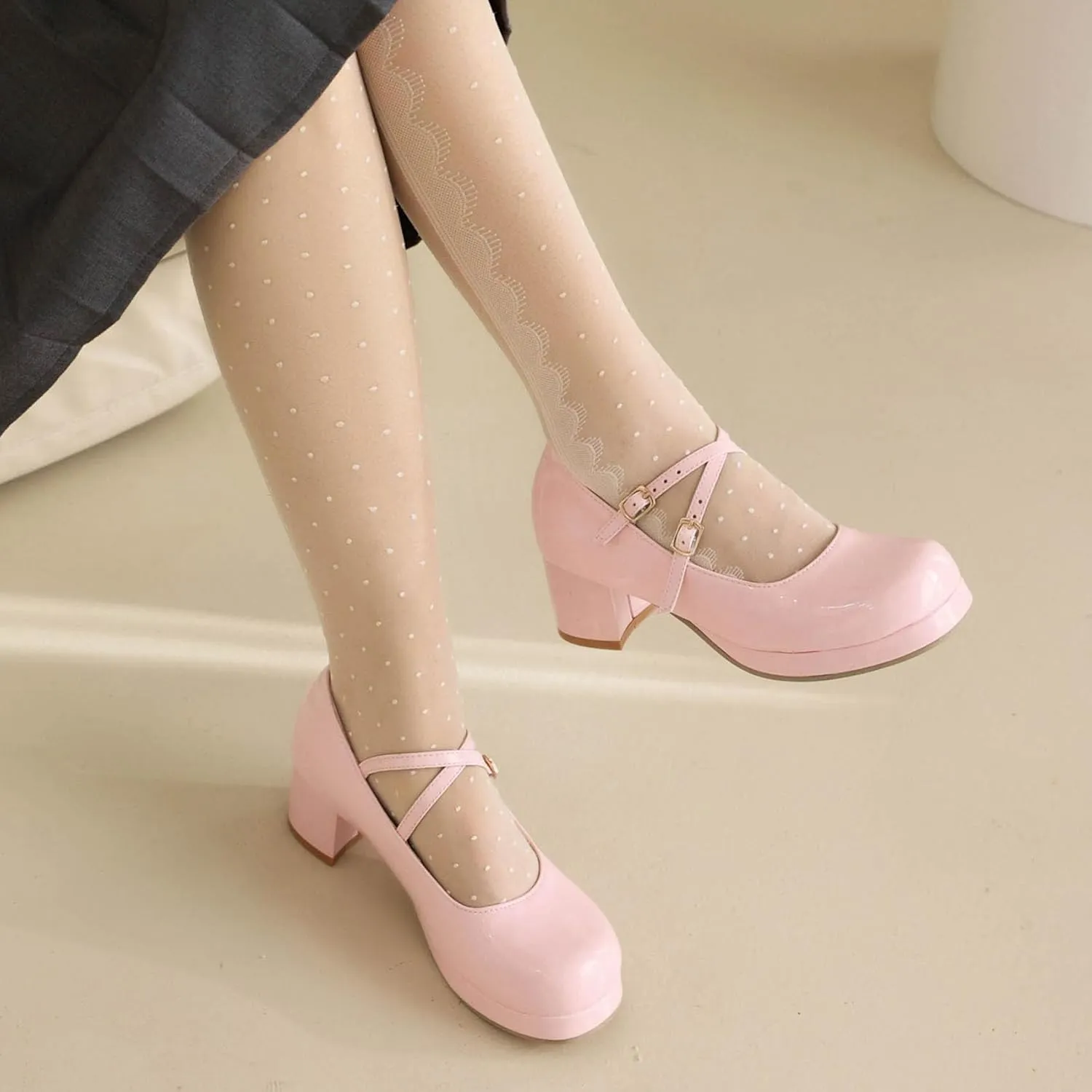 Womens Lolita Shoes Patent Leather Mary Jane Platform Chunky Heeled Pumps Cross-Strap Cosplay Shoes