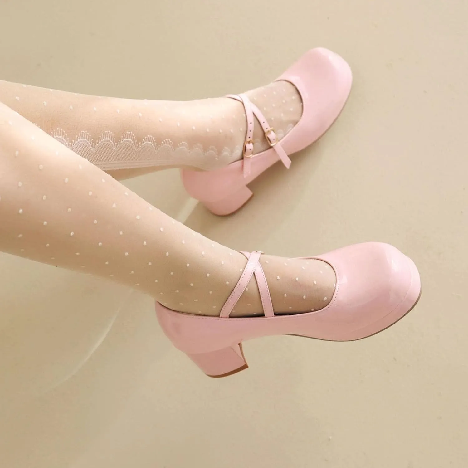Womens Lolita Shoes Patent Leather Mary Jane Platform Chunky Heeled Pumps Cross-Strap Cosplay Shoes