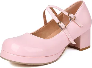 Womens Lolita Shoes Patent Leather Mary Jane Platform Chunky Heeled Pumps Cross-Strap Cosplay Shoes