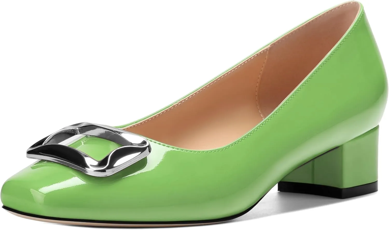 Womens Low Chunky Block Heels, Square Toe Patent Closed Toe Pumps Dress Party Wedding Shoes 1.5 Inch