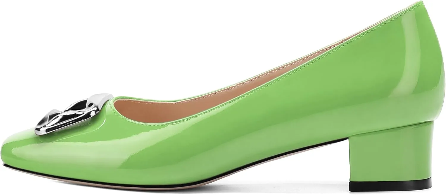 Womens Low Chunky Block Heels, Square Toe Patent Closed Toe Pumps Dress Party Wedding Shoes 1.5 Inch
