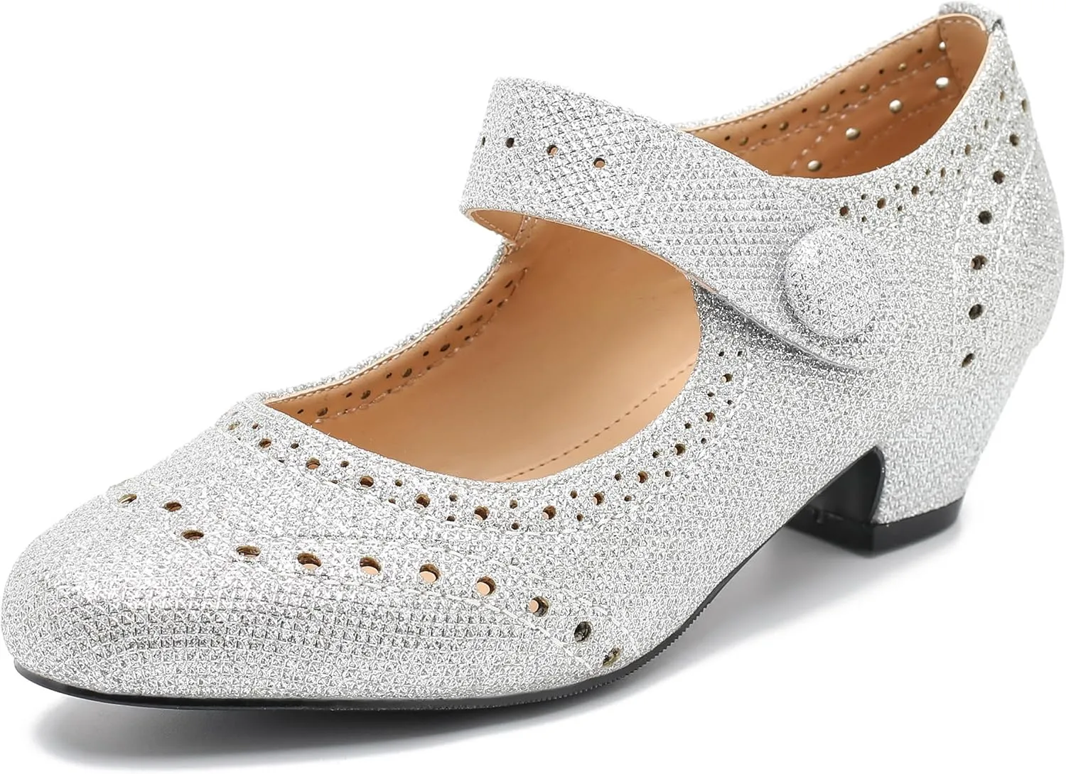 Women's Low Chunky Heel Ankle Strap Cut Out Closed Toe Pumps Hook and Loop Retro D'Orsay Vintage Dressy Wedding Party Church Shoes Silver Glitter 40-8.5US