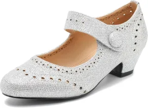 Women's Low Chunky Heel Ankle Strap Cut Out Closed Toe Pumps Hook and Loop Retro D'Orsay Vintage Dressy Wedding Party Church Shoes Silver Glitter 40-8.5US