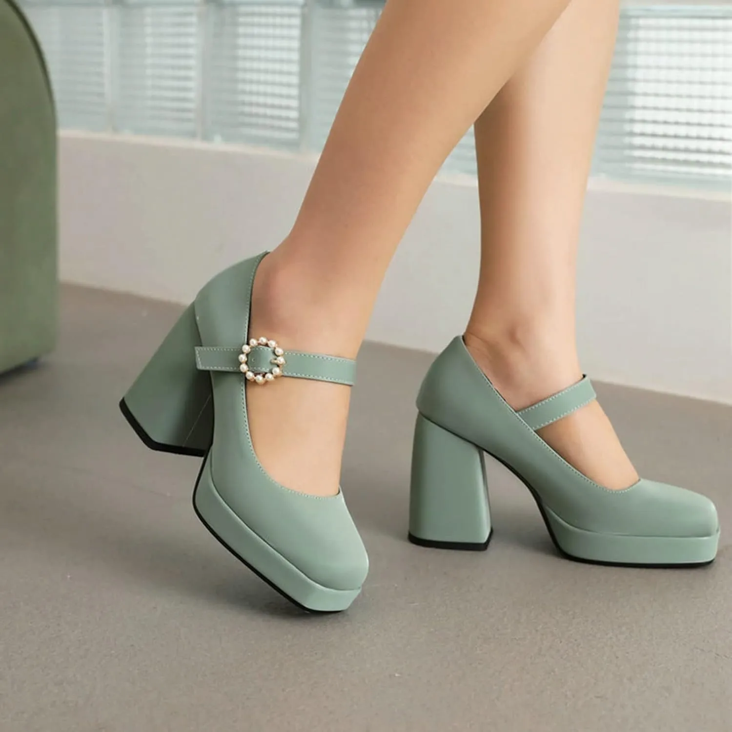 Women's Mary Jane Block Chunky Heels Pumps Square Toe Rhinestone Buckle Satin Platform Dress Shoes