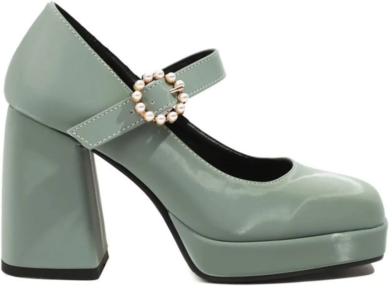 Women's Mary Jane Block Chunky Heels Pumps Square Toe Rhinestone Buckle Satin Platform Dress Shoes