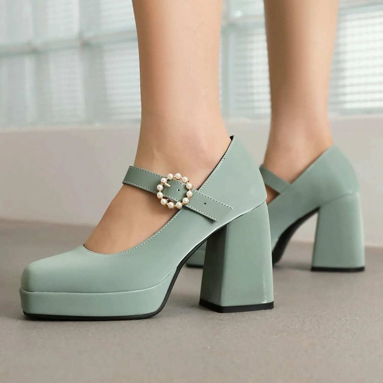 Women's Mary Jane Block Chunky Heels Pumps Square Toe Rhinestone Buckle Satin Platform Dress Shoes