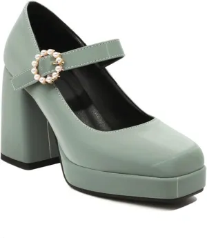 Women's Mary Jane Block Chunky Heels Pumps Square Toe Rhinestone Buckle Satin Platform Dress Shoes