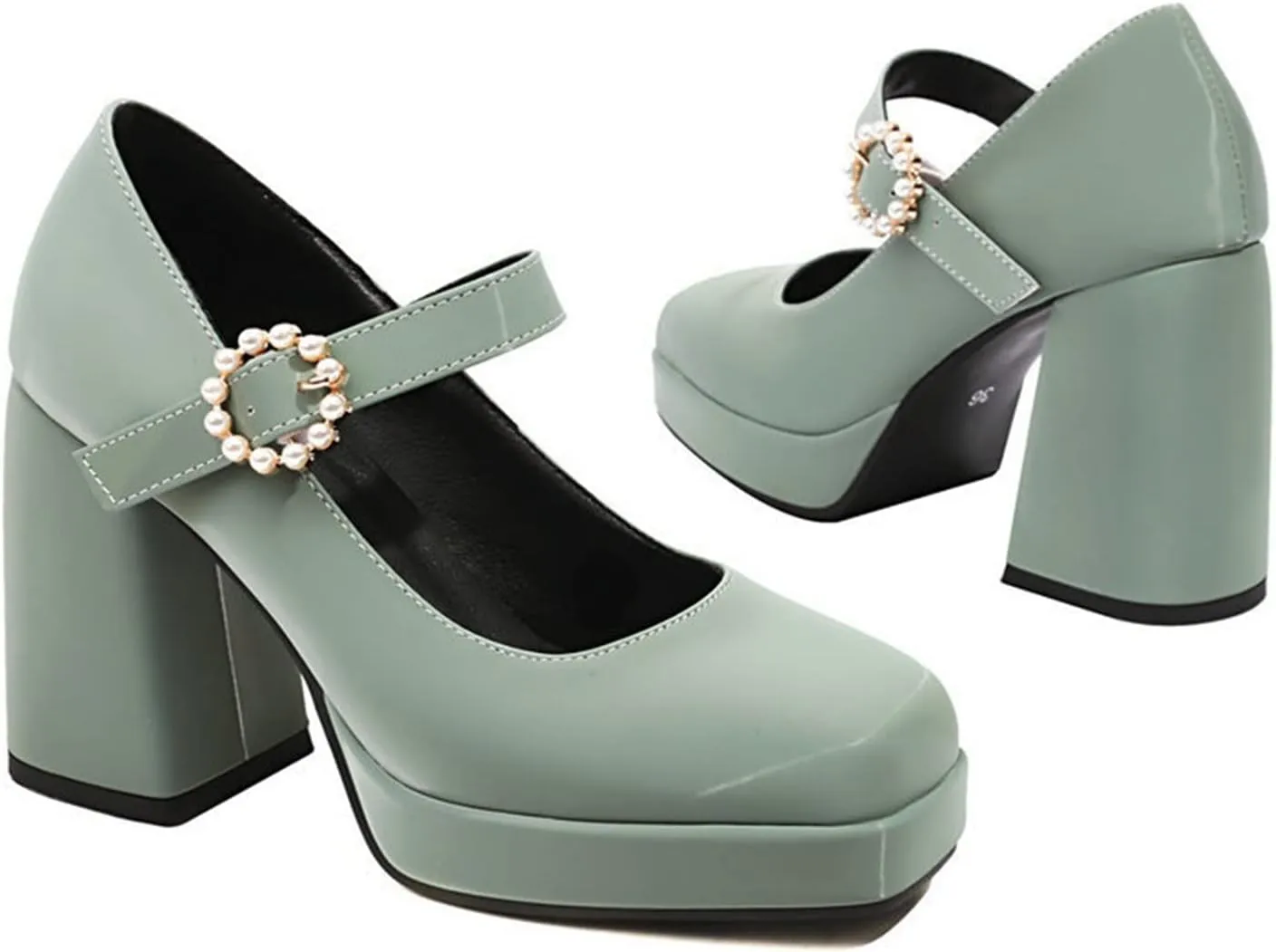 Women's Mary Jane Block Chunky Heels Pumps Square Toe Rhinestone Buckle Satin Platform Dress Shoes