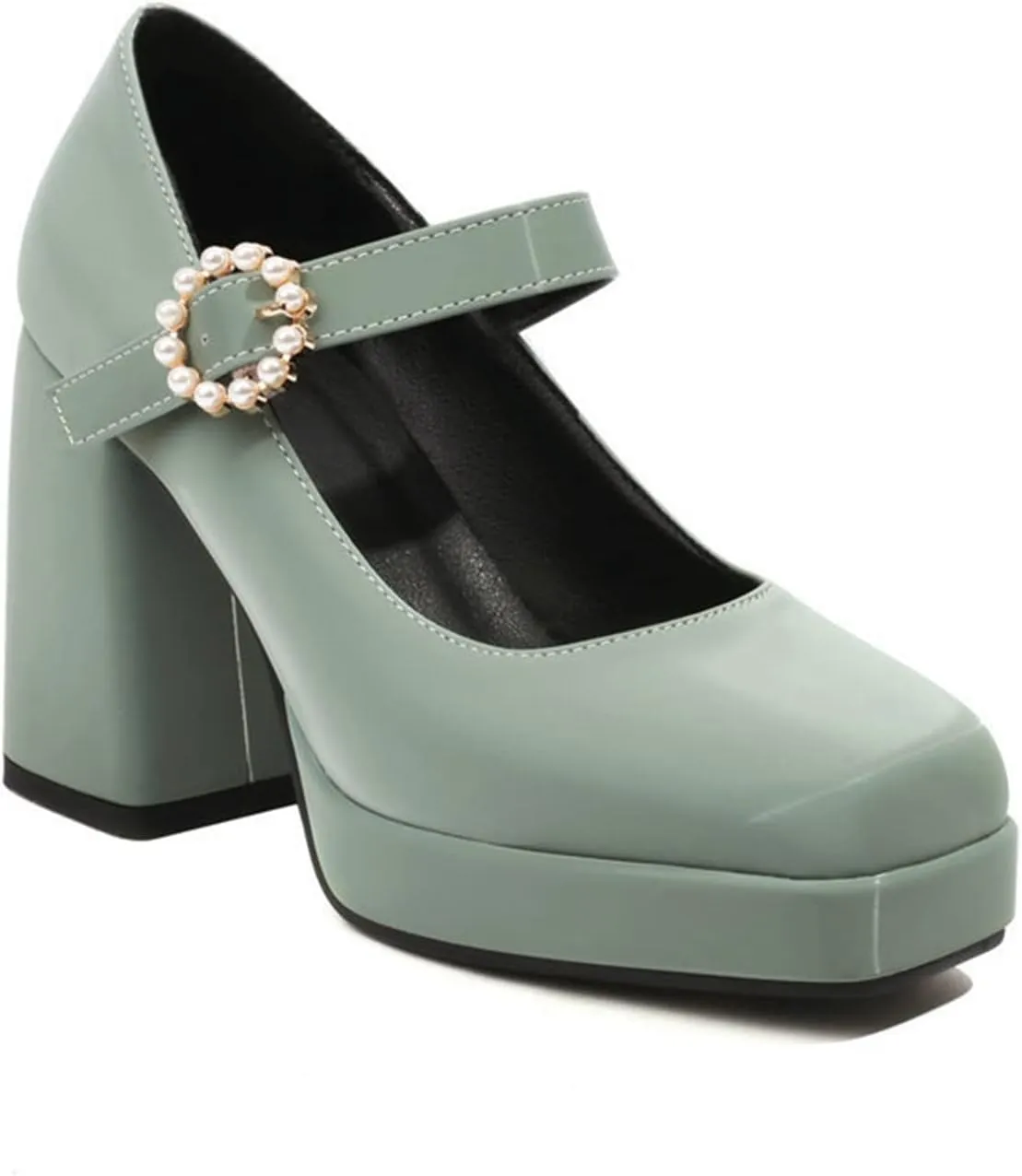 Women's Mary Jane Block Chunky Heels Pumps Square Toe Rhinestone Buckle Satin Platform Dress Shoes
