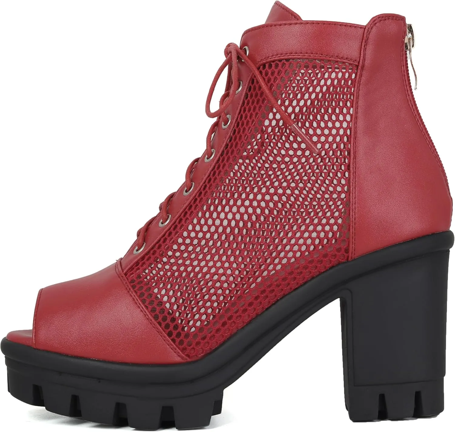 Women's Mesh Booties Chunky Heel Peep Toe High Heel Ankle Boots Platform Goth Boots Back Zip Lace Up Heeled Sandals