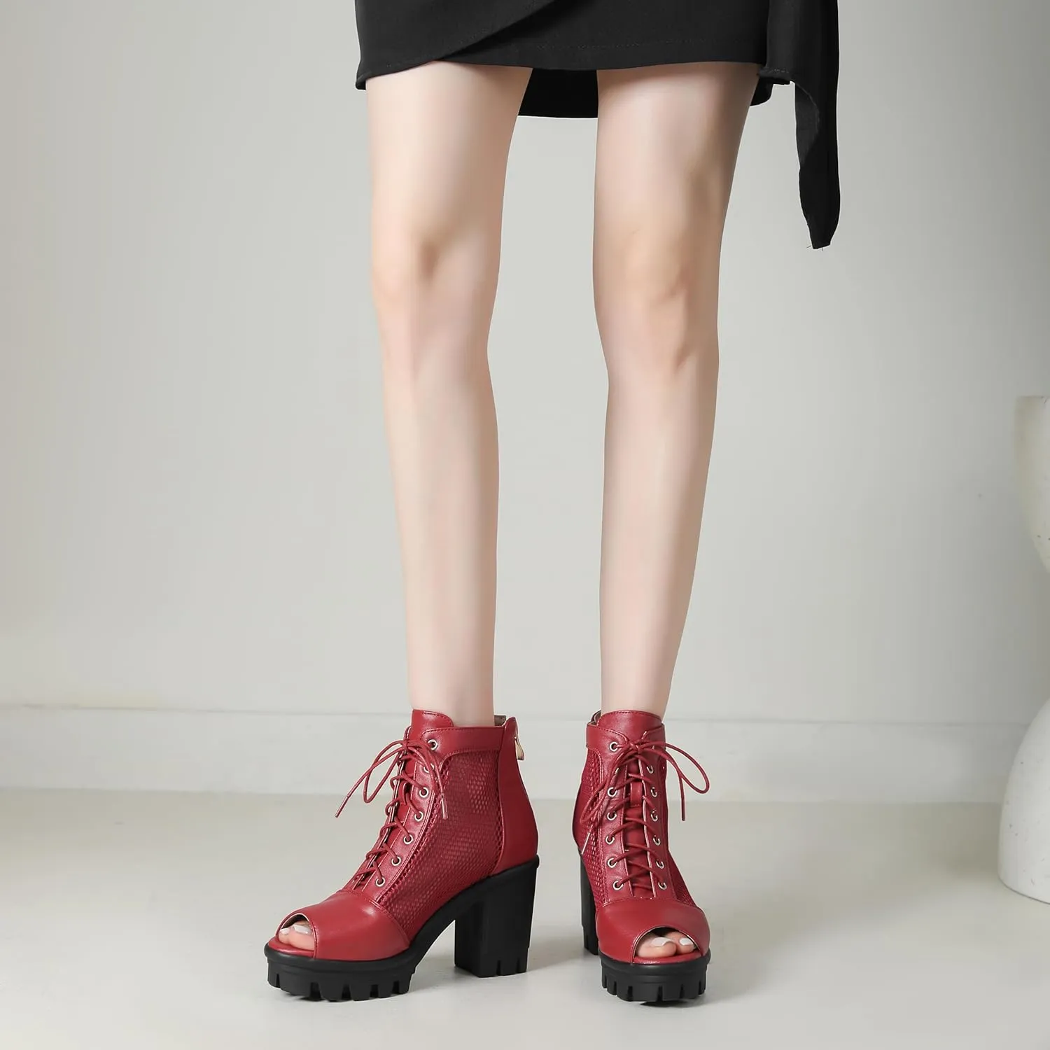 Women's Mesh Booties Chunky Heel Peep Toe High Heel Ankle Boots Platform Goth Boots Back Zip Lace Up Heeled Sandals