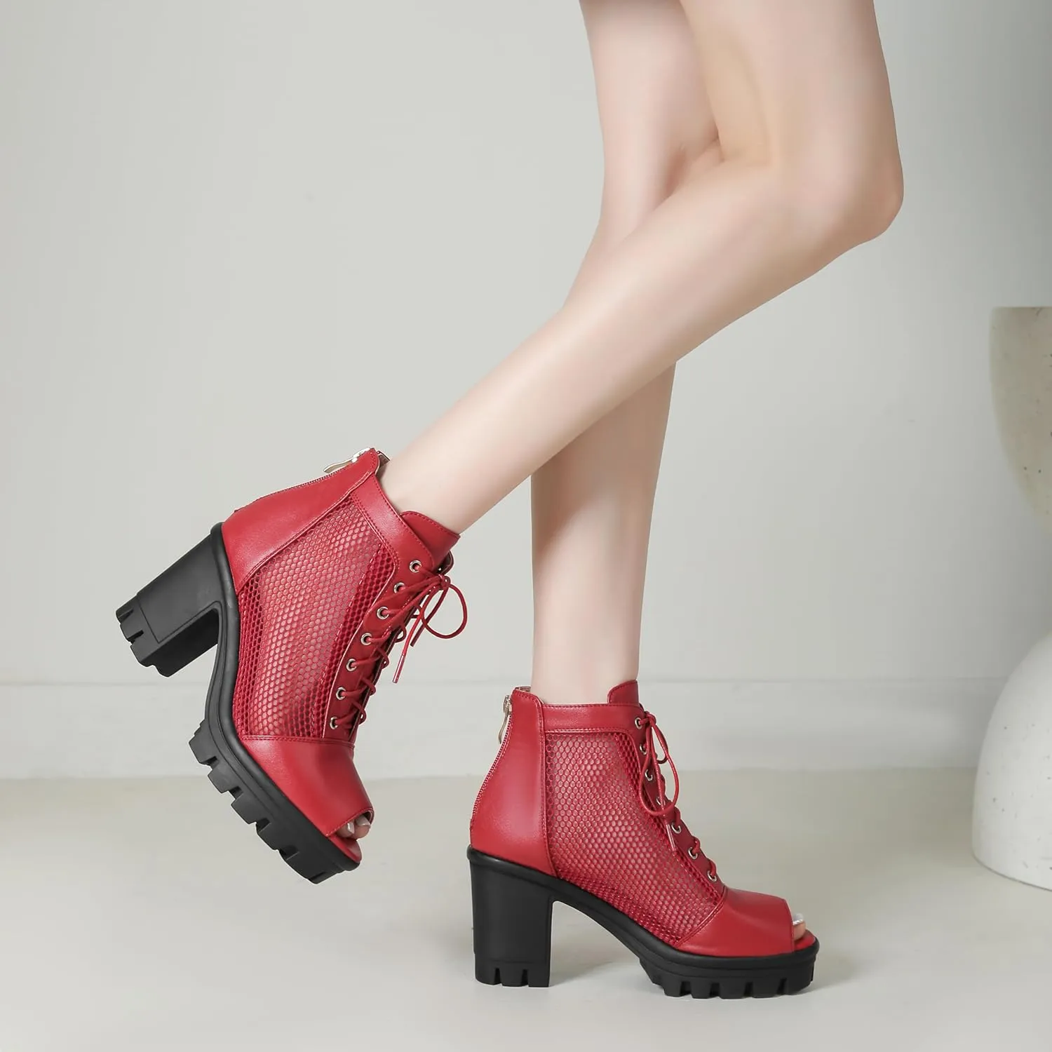 Women's Mesh Booties Chunky Heel Peep Toe High Heel Ankle Boots Platform Goth Boots Back Zip Lace Up Heeled Sandals
