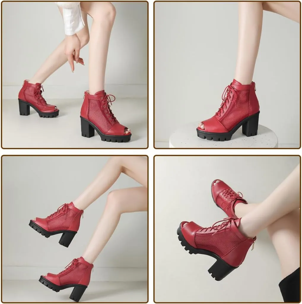 Women's Mesh Booties Chunky Heel Peep Toe High Heel Ankle Boots Platform Goth Boots Back Zip Lace Up Heeled Sandals