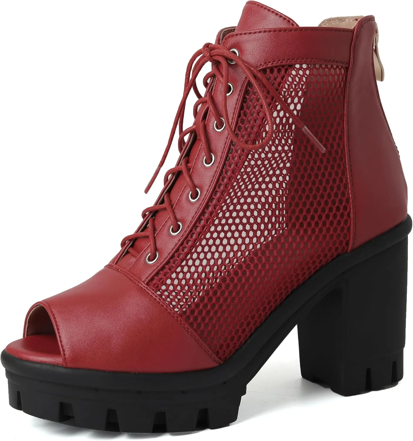Women's Mesh Booties Chunky Heel Peep Toe High Heel Ankle Boots Platform Goth Boots Back Zip Lace Up Heeled Sandals