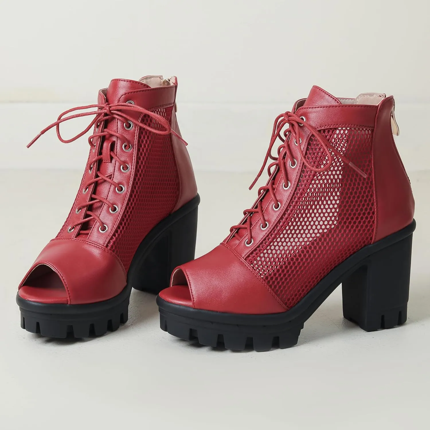 Women's Mesh Booties Chunky Heel Peep Toe High Heel Ankle Boots Platform Goth Boots Back Zip Lace Up Heeled Sandals
