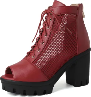 Women's Mesh Booties Chunky Heel Peep Toe High Heel Ankle Boots Platform Goth Boots Back Zip Lace Up Heeled Sandals