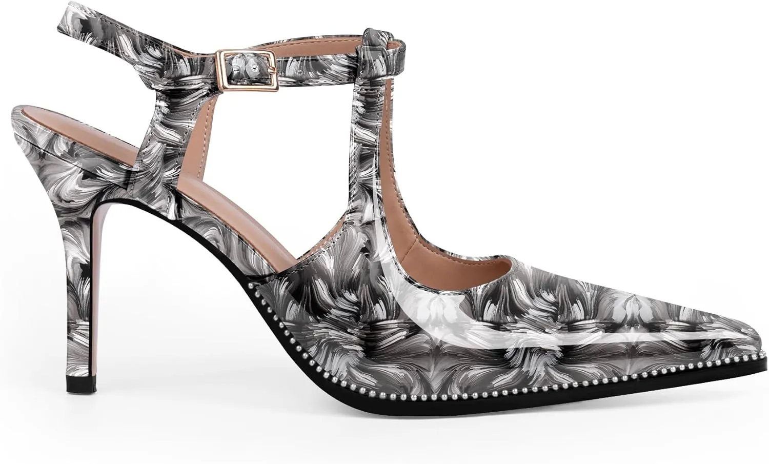 Women's Patent Leather T-Strap Stilettos High Heels Closed Pointed Toe Buckle Strap Dress Shoes Sexy Pumps
