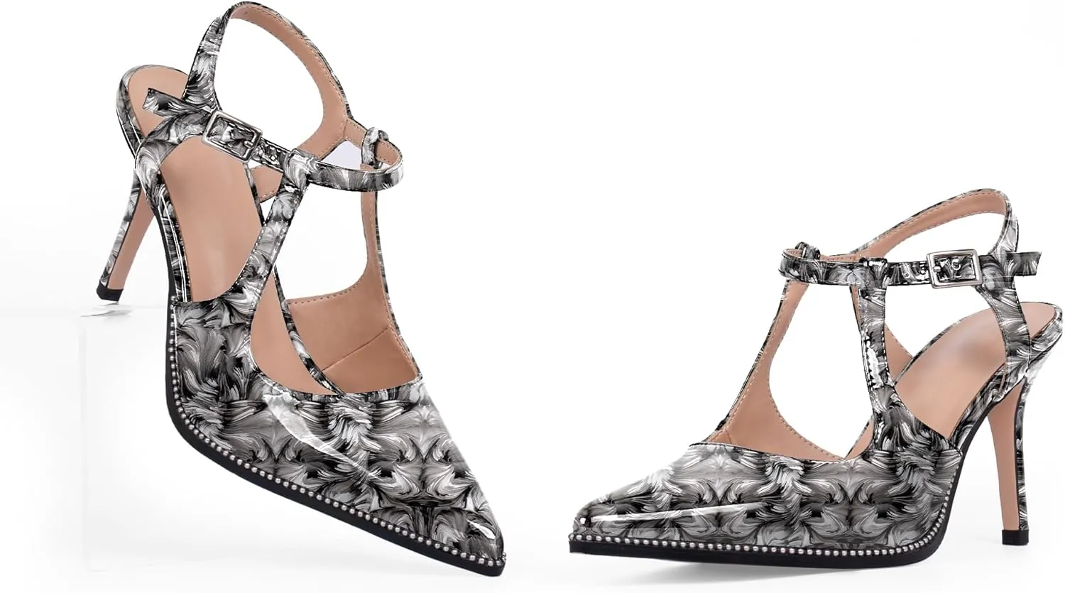 Women's Patent Leather T-Strap Stilettos High Heels Closed Pointed Toe Buckle Strap Dress Shoes Sexy Pumps