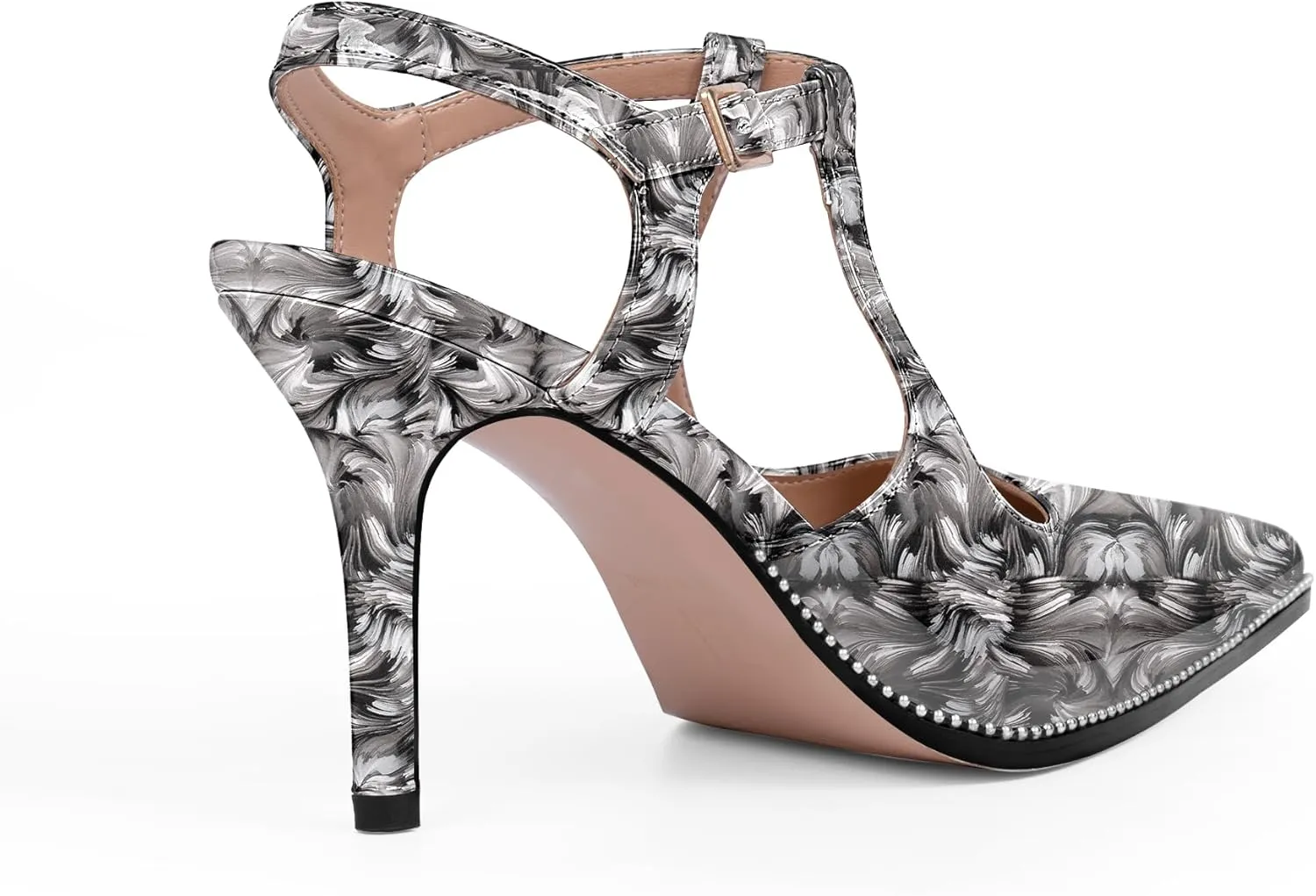 Women's Patent Leather T-Strap Stilettos High Heels Closed Pointed Toe Buckle Strap Dress Shoes Sexy Pumps