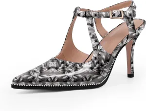 Women's Patent Leather T-Strap Stilettos High Heels Closed Pointed Toe Buckle Strap Dress Shoes Sexy Pumps