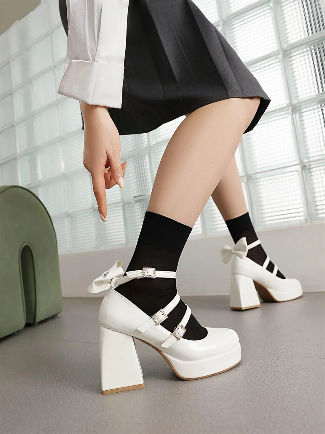 Women's Platform Block High Heel Bow Tie Sweet Lolita Shoes Round Toe Ankle Strap Mary Janes Pumps Goth Harajuku Kawaii Shoe