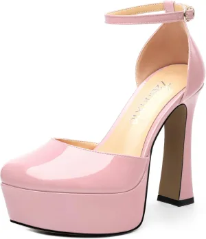 Women's Platform Chunky High Heel Pumps Patent Buckle Square Toe Ankle Strap High Heels Dating Wedding Party Dress Shoes 4.7 Inch