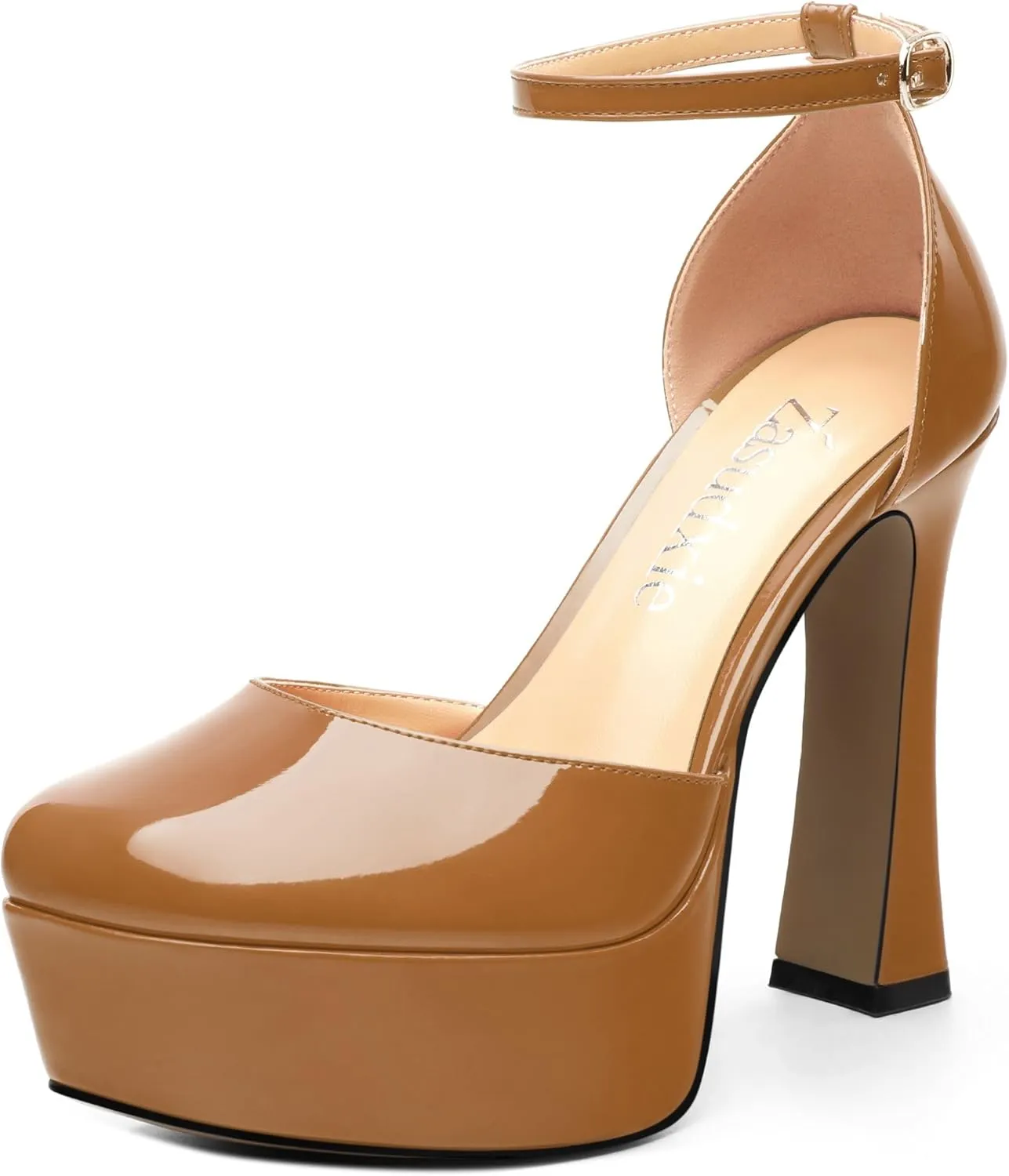 Women's Platform Chunky High Heel Pumps Patent Buckle Square Toe Ankle Strap High Heels Dating Wedding Party Dress Shoes 4.7 Inch