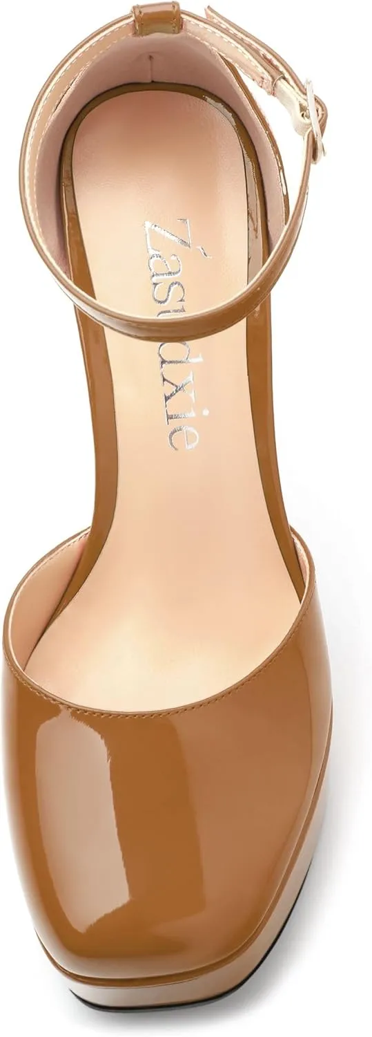 Women's Platform Chunky High Heel Pumps Patent Buckle Square Toe Ankle Strap High Heels Dating Wedding Party Dress Shoes 4.7 Inch