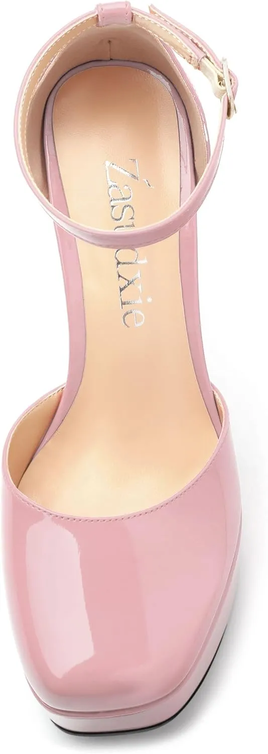 Women's Platform Chunky High Heel Pumps Patent Buckle Square Toe Ankle Strap High Heels Dating Wedding Party Dress Shoes 4.7 Inch