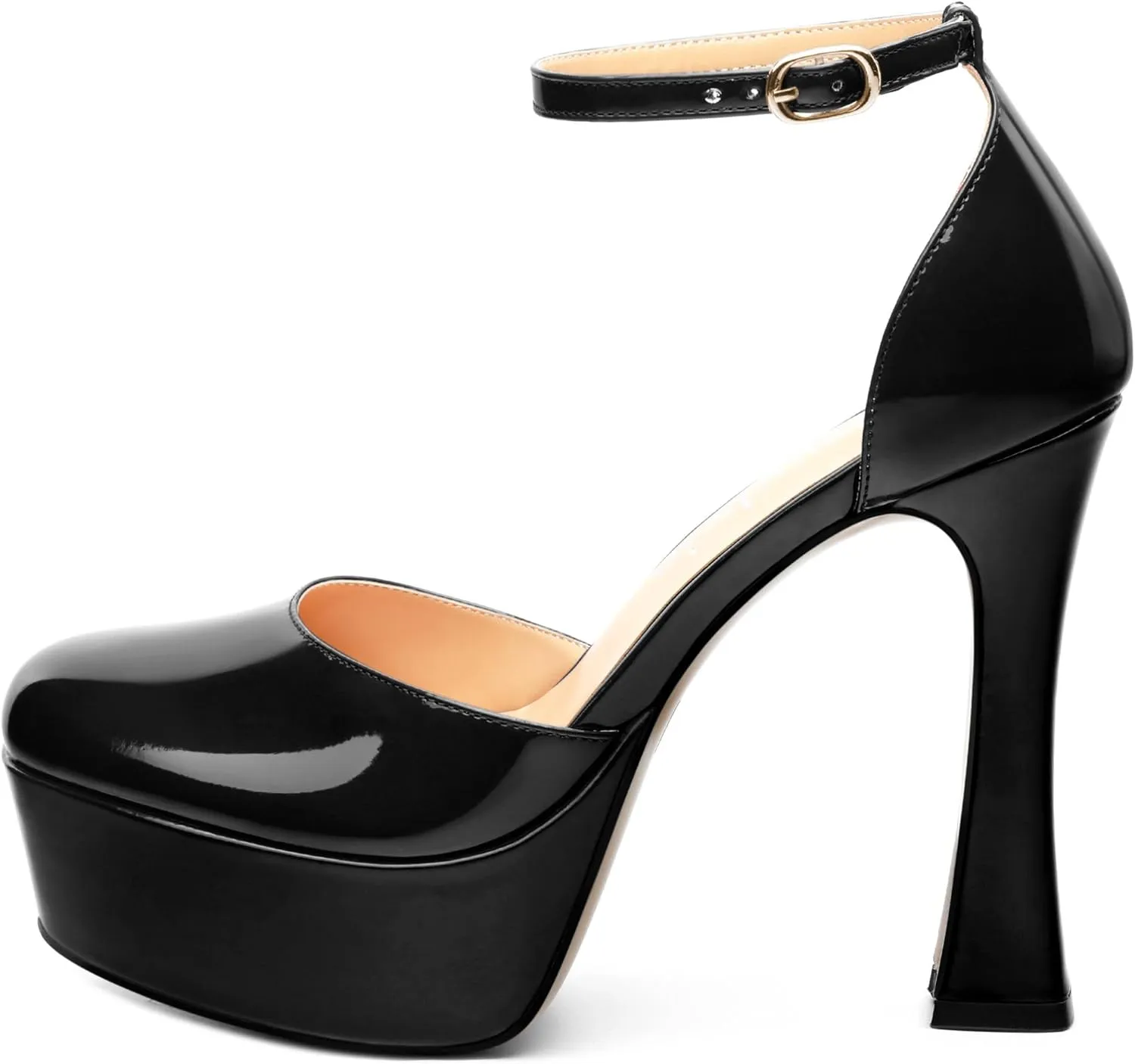 Women's Platform Chunky High Heel Pumps Patent Buckle Square Toe Ankle Strap High Heels Dating Wedding Party Dress Shoes 4.7 Inch