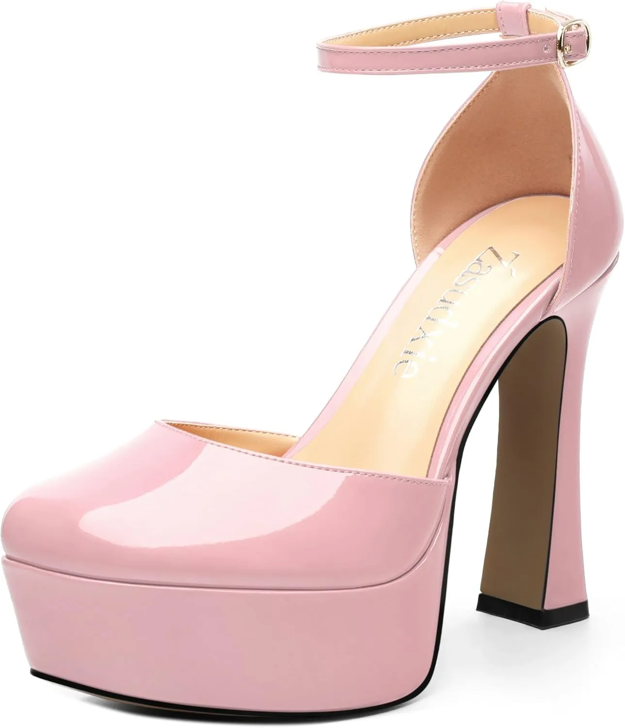 Women's Platform Chunky High Heel Pumps Patent Buckle Square Toe Ankle Strap High Heels Dating Wedding Party Dress Shoes 4.7 Inch
