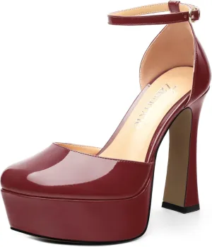 Women's Platform Chunky High Heel Pumps Patent Buckle Square Toe Ankle Strap High Heels Dating Wedding Party Dress Shoes 4.7 Inch