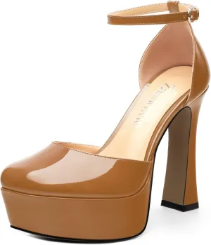 Women's Platform Chunky High Heel Pumps Patent Buckle Square Toe Ankle Strap High Heels Dating Wedding Party Dress Shoes 4.7 Inch