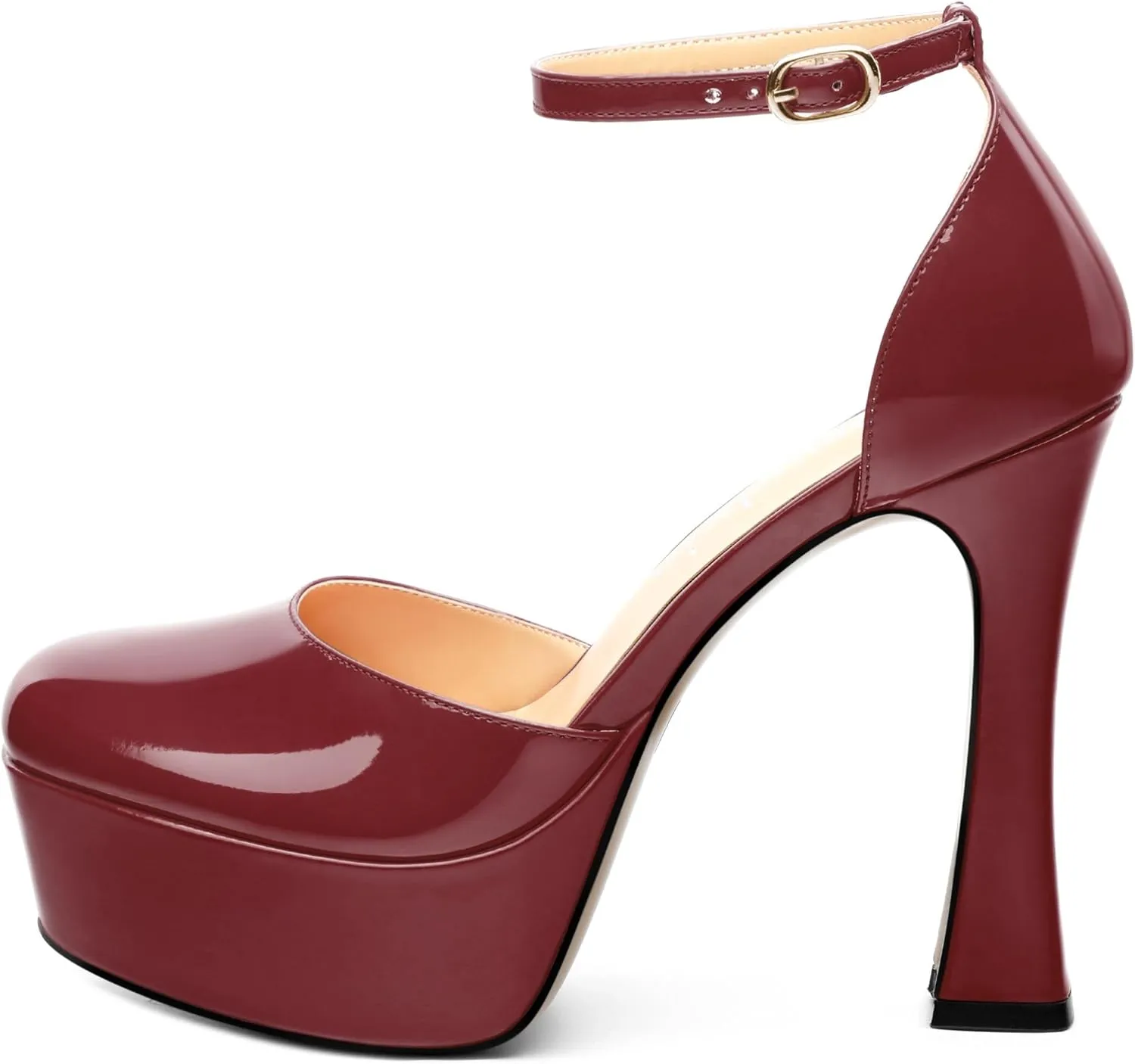 Women's Platform Chunky High Heel Pumps Patent Buckle Square Toe Ankle Strap High Heels Dating Wedding Party Dress Shoes 4.7 Inch