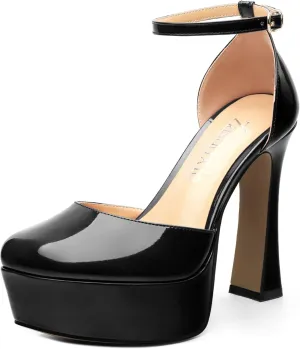 Women's Platform Chunky High Heel Pumps Patent Buckle Square Toe Ankle Strap High Heels Dating Wedding Party Dress Shoes 4.7 Inch