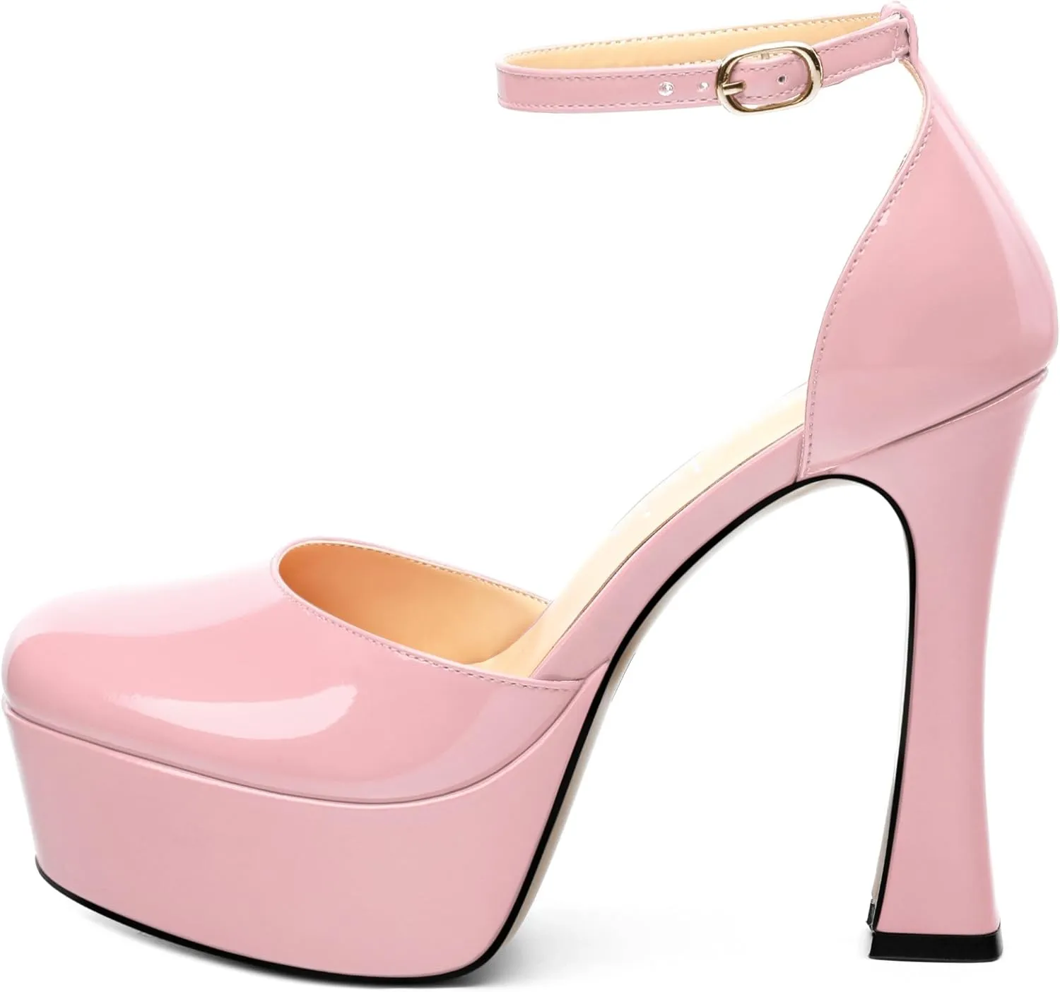 Women's Platform Chunky High Heel Pumps Patent Buckle Square Toe Ankle Strap High Heels Dating Wedding Party Dress Shoes 4.7 Inch